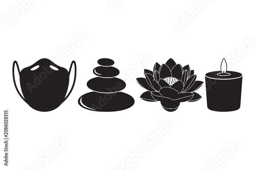 Canvas Print Set of spa and wellness icons featuring medical mask stones lotus flower and can
