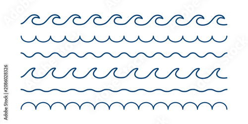 Set of blue wavy lines isolated on white background. Wiggly borders. Sea or ocean rippled water textures. Simple summer symbols. Vector graphic illustration.