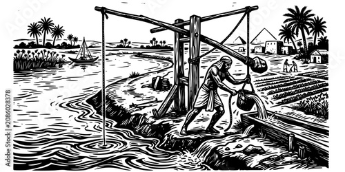 Shaduf Irrigation Linocut Black White-Pole Weight Bucket Lift Nile Bank-Ancient Farm Vector-Shaduf Icon Linocut-Nile Egypt Design Set