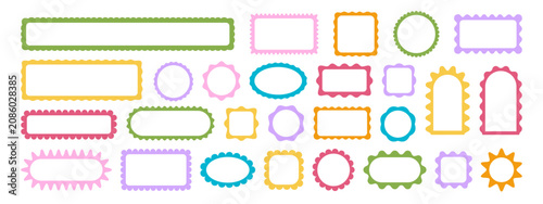 Set of cute colorful geometric frames with scallop borders. Vignettes for mirror, picture or photo. Empty labels, tags or banner templates isolated on white background. Vector flat illustration.