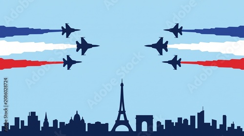 Fighter jets trailing French flag colors over the Paris city skyline