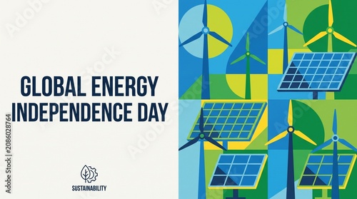 Global Energy Independence Day illustration with wind turbines and solar panels