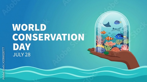 Illustration of hand holding glass dome with marine life ecosystem