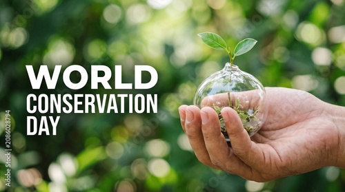 human hand holding a small glass globe with a green plant
