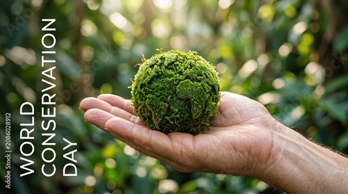 Hand holding green moss globe celebrating world conservation day