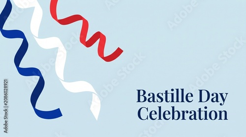 Bastille Day celebration banner featuring blue white and red curled ribbons