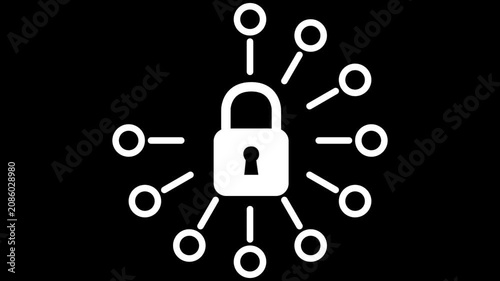 Cybersecurity animation showing a white padlock with expanding network connection nodes on a black background. Data protection concept.