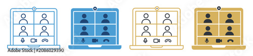 laptop video conference meeting communication set icon on transparent background