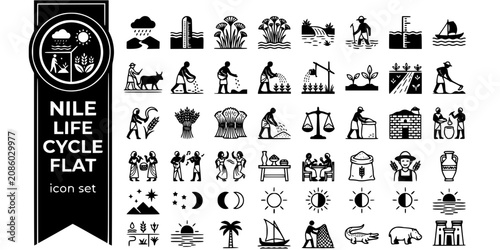 Cuadro en lienzo Nile Life Cycle Flat Black White-Flood Season Farm Harvest Celebrate-Ancient Cal