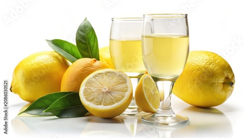 Half of lemon and glasses with limoncello isolated on a white background