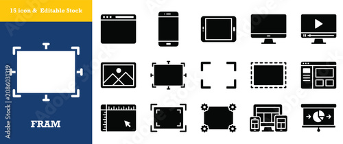 Quadro su tela Digital framing and screen capture icons set including devices with selection crop marks