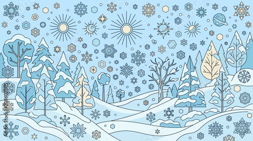 Illustration vectorielle d'un paysage hivernal enneigé avec des arbres, des collines et une multitude de flocons de neige stylisés dans un style graphique linéaire et moderne.