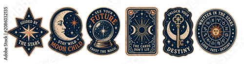 Mystical and astrological vintage stickers set featuring celestial symbols like the moon, sun, stars, crystal ball, tarot card, and key with esoteric typography