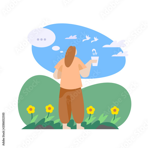 Canvastavla Woman Daydreaming in Nature Flat Illustration