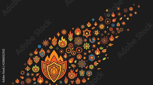 Composition abstraite dynamique composée d'une multitude d'icônes stylisées sur le thème du feu, des flammes et des éléments géométriques décoratifs sur un fond noir profond.