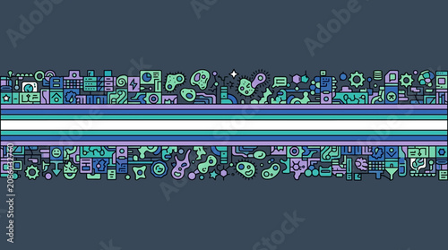Abstraktes horizontales Banner mit einem Muster aus kleinen technologischen Symbolen und geometrischen Formen in Blau- und Grüntönen auf einem dunklen Hintergrund mit Kopierraum.