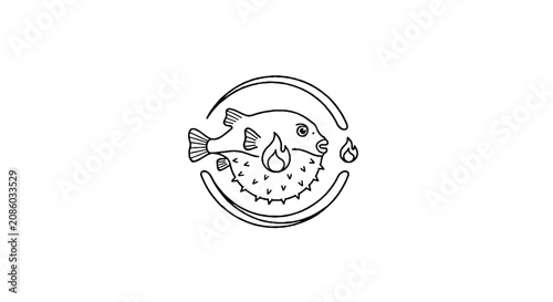 Illustrated pufferfish with fire and water elements.