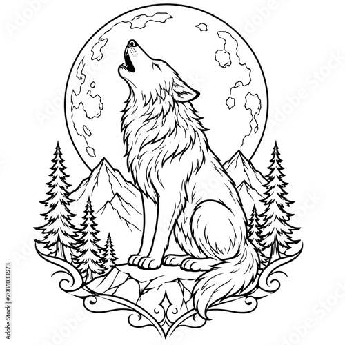 Howling Wolf and Full Moon Line Art Wilderness Vector Design on a Transparent Background