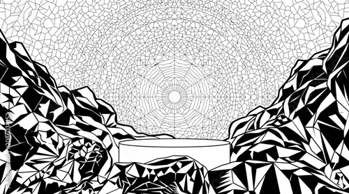 Abstrakte schwarz-weiße Illustration mit einem zentralen Podest umgeben von geometrischen Felsformationen und einem komplexen, mandalaartigen Hintergrundmuster für Produktpräsentationen.