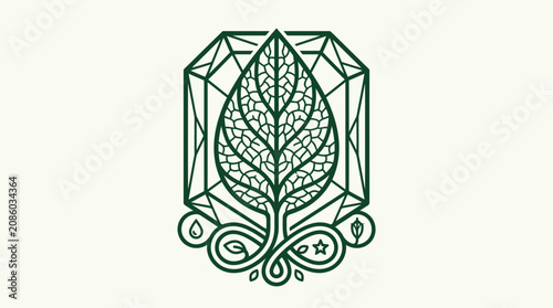 Ilustración vectorial de estilo lineal que representa una hoja detallada enmarcada por una forma geométrica de diamante, simbolizando la naturaleza, el crecimiento orgánico y la elegancia botánica.