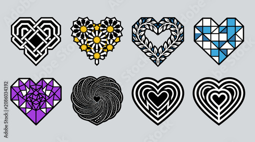 Eine Sammlung von acht verschiedenen, künstlerisch gestalteten Herz-Symbolen mit geometrischen Mustern, floralen Elementen und abstrakten Linienführungen auf einem hellgrauen Hintergrund.