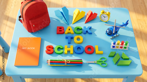 Back to school colorful multi-colored text on bright sky blue background with kids backpack notebooks generic chemistry set toy helicopters