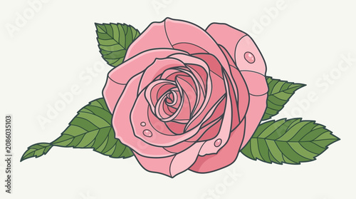 Ilustração vetorial de uma rosa cor-de-rosa desenhada à mão com folhas verdes detalhadas, isolada sobre um fundo branco plano, ideal para design gráfico e projetos artísticos.