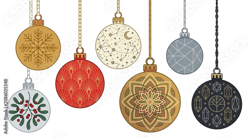 Set di palline di Natale decorative appese con vari motivi geometrici, floreali e celesti, illustrazione vettoriale isolata su sfondo bianco per decorazioni festive e design natalizio.