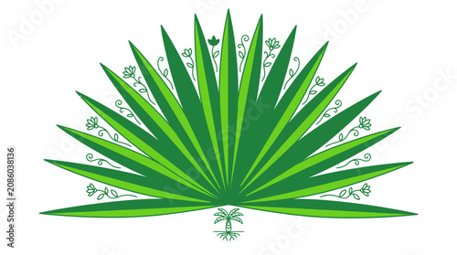 Ilustración vectorial de una hoja de palmera estilizada en forma de abanico con detalles florales decorativos en tonos verdes sobre un fondo blanco limpio y minimalista.