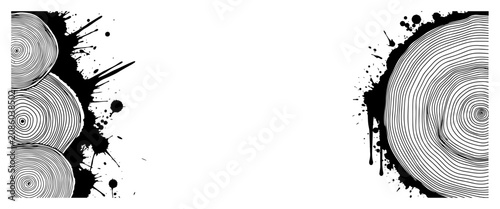 Foto Wood slice tree rings forming horizontal banner borders with messy black paint s