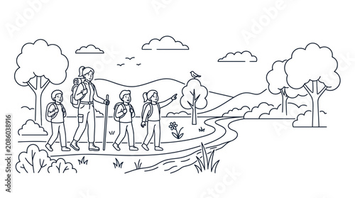 Family Hiking Adventure Outline Drawing