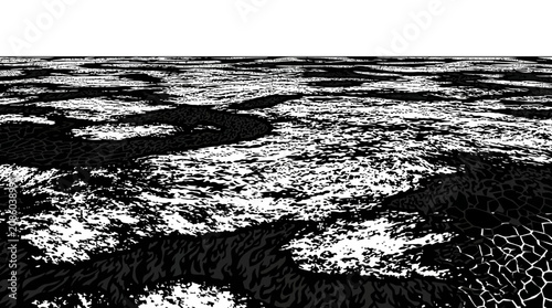 Un paesaggio astratto in bianco e nero con una prospettiva grandangolare che crea un effetto di profondità dinamica, caratterizzato da texture organiche e contrasti grafici netti.