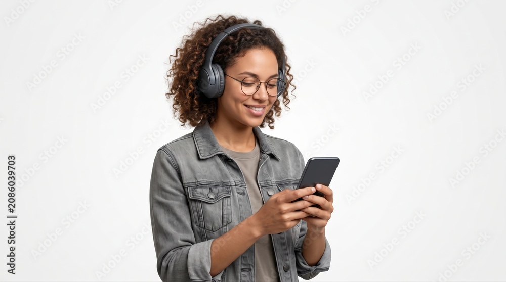 Fototapeta premium Young woman enjoying music with wireless headphones while using smartphone, smiling happily in casual outfit against neutral background