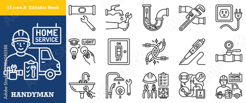 Foto Handyman home service thin line icon and editable stroke collection isolated on white