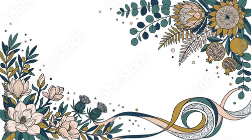 Elegancka ilustracja kwiatowa z motywem magnolii, protei i eukaliptusa na białym tle, tworząca ozdobną ramkę z dużą ilością miejsca na tekst w centralnej części kompozycji.