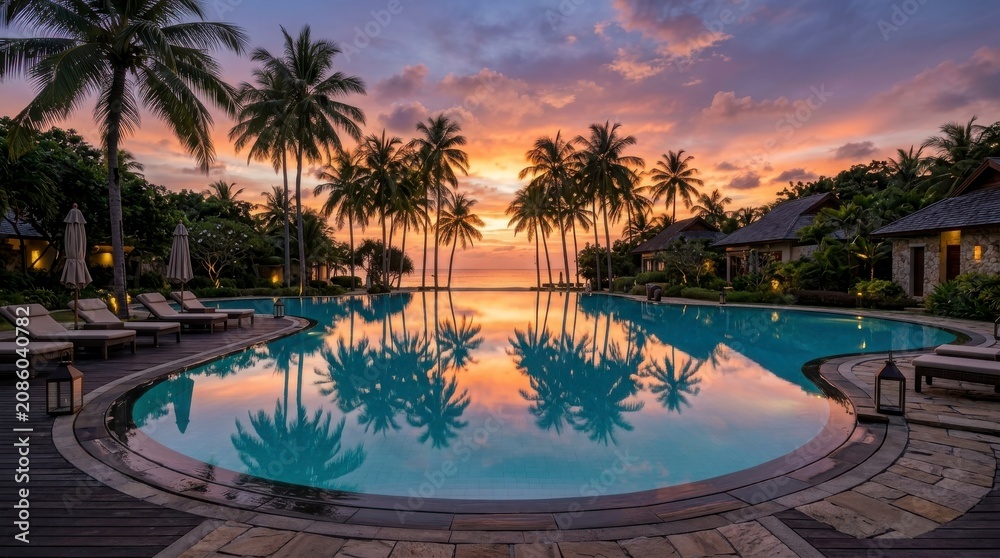 Fototapeta premium Luxury Resort Swimming Pool at Tropical Sunset with Palm Trees and Reflection