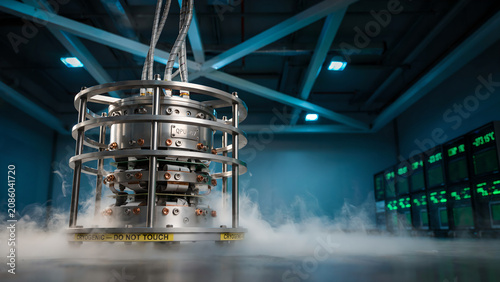 Quantum processor unit inside a cryogenic cooling system in a hightech laboratory environment