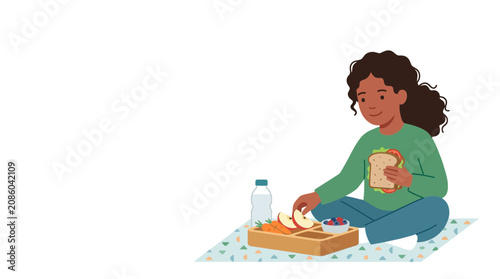 Little Girl Eating Healthy Lunch on Picnic Blanket Illustration