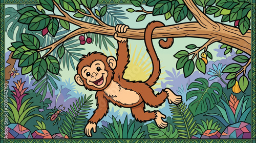 ジャングルの木にぶら下がって楽しそうに笑っているかわいいサルのキャラクターのイラスト、鮮やかな熱帯の植物とカラフルな背景が特徴的な子供向けのデザイン。