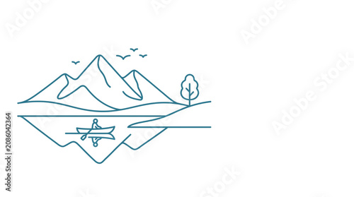 Minimalist Line Art Mountain Lake Kayaking Illustration