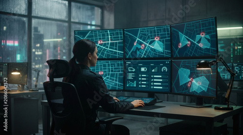 A remote fleet dispatcher monitoring autonomous delivery vehicles from a high-tech logistics hub. Multiple dashboard monitors display clean vector maps with glowing route lines, vehicle status 