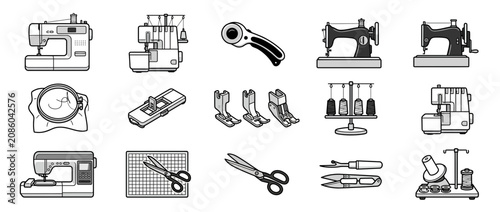 Принти на полотні Industrial and Home Sewing Machine Equipment with Tailoring Tools Vector Set