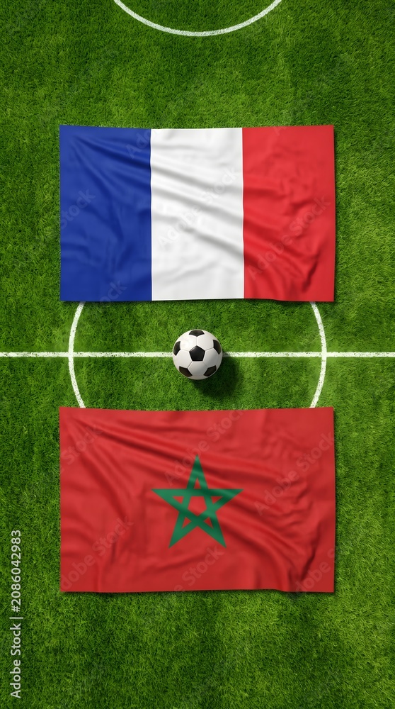 Obraz premium Soccer match between france and morocco flags on green grass pitch with competition football national tournament championship athletic
