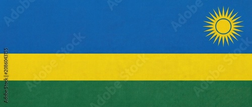 The flag of Rwanda, a national symbol of pride and unity, featuring a blue, yellow, and green horizontal design with a sun emblem