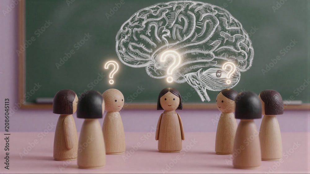 Fototapeta premium Wooden figures gather before chalkboard, brain and question marks symbolize curiosity.