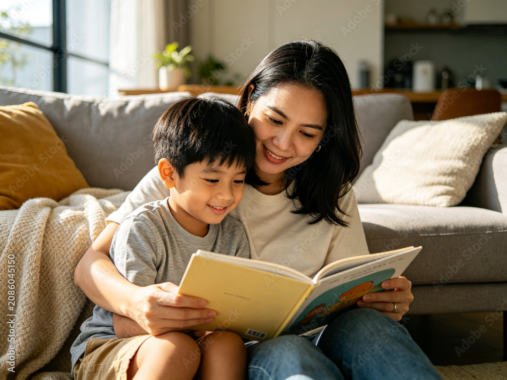 Fototapeta premium mother and son reading a book together