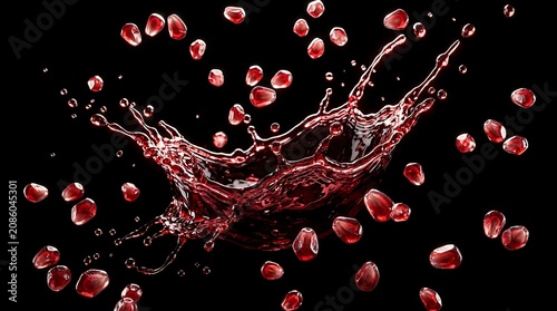 Elegant splash of dark red pomegranate juice with levitating floating seeds on black background
