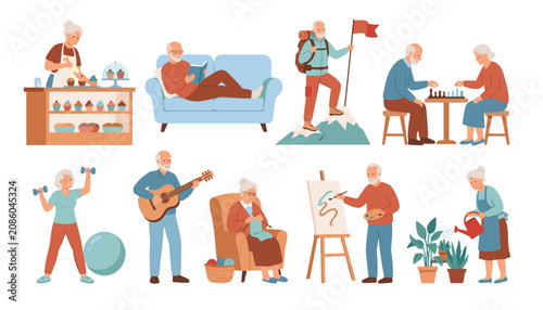 Active senior citizens enjoying retirement hobbies like baking reading hiking chess fitness guitar knitting painting and gardening vector illustration
