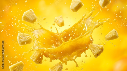 Dynamic summer splash of yellow tropical mango juice with levitating pineapple chunks