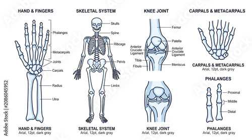 Bild auf Leinwand Human Skeletal System Anatomy: Hand, Knee, Phalanges, Carpals